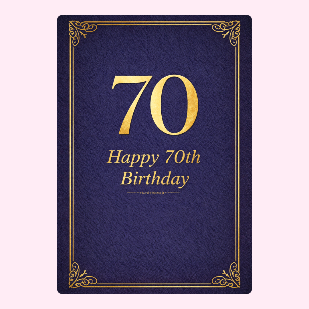 elegant 70th birthday cake card design with gold text on navy background