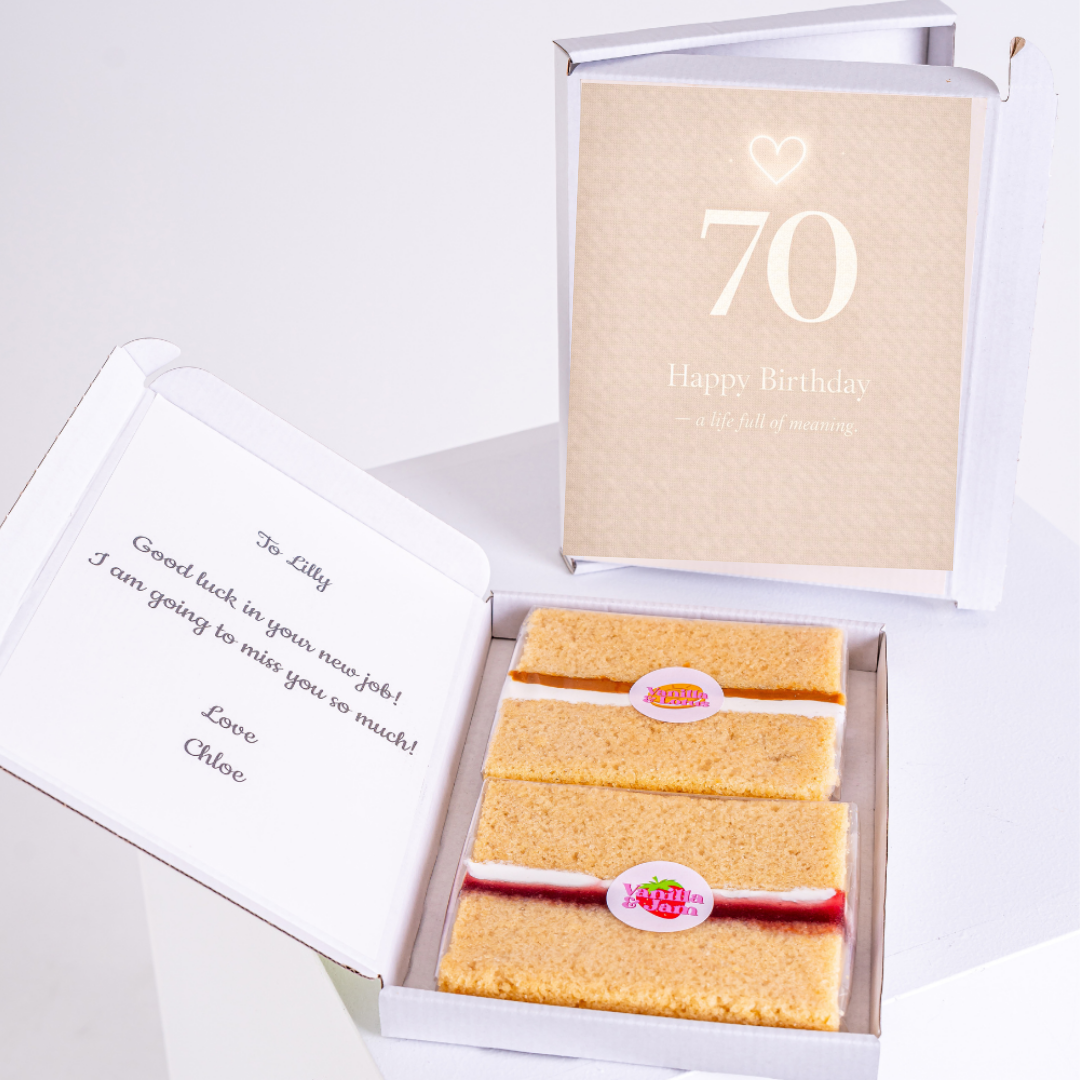 70th birthday cake card gift box with sponge slices and minimal design