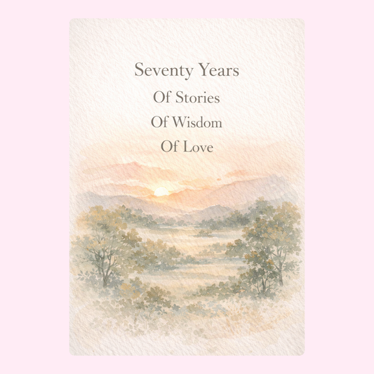 70th birthday cake card design with sunset landscape and text