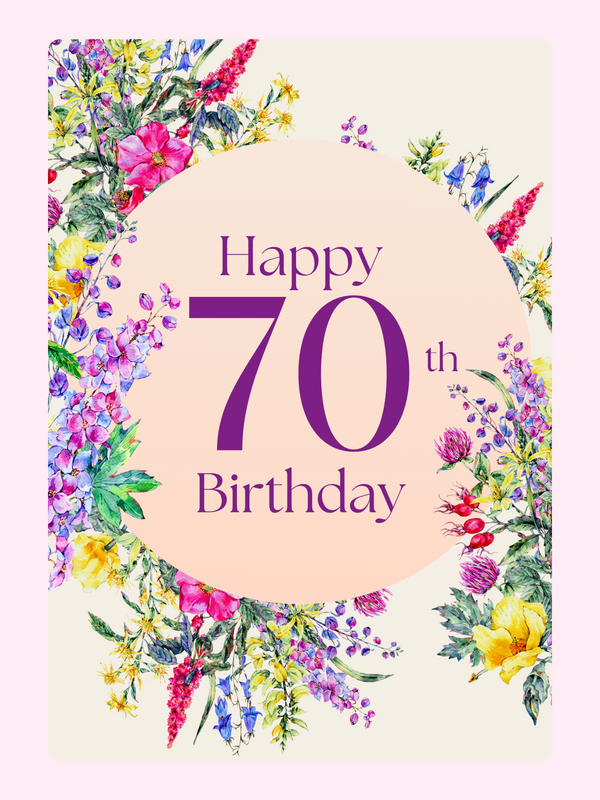 70th birthday floral cake card design with elegant flowers for letterbox cake gift UK