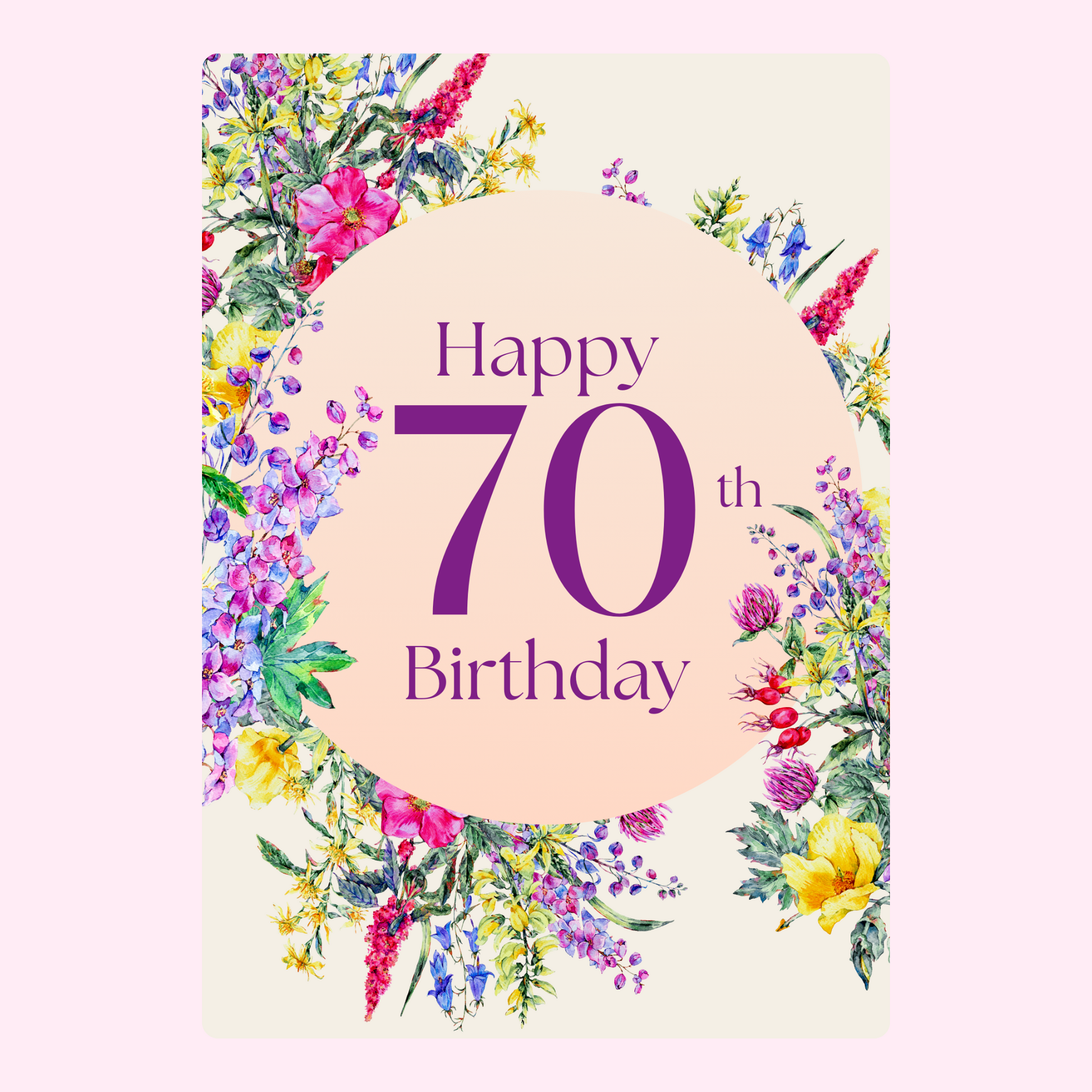 70th birthday floral cake card design with elegant flowers for letterbox cake gift UK