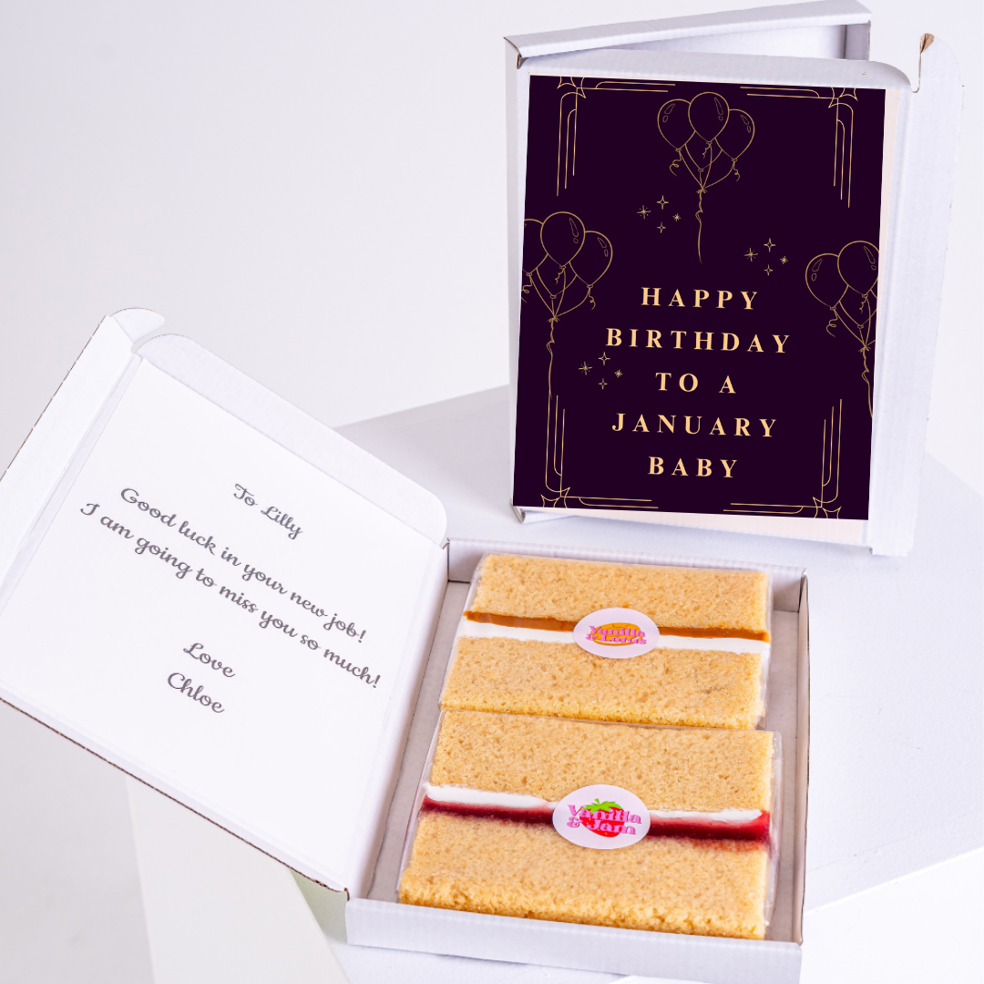 Birthday cake gift box for January baby with a note.