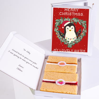 Christmas gift box with penguin card & cake for Lilly