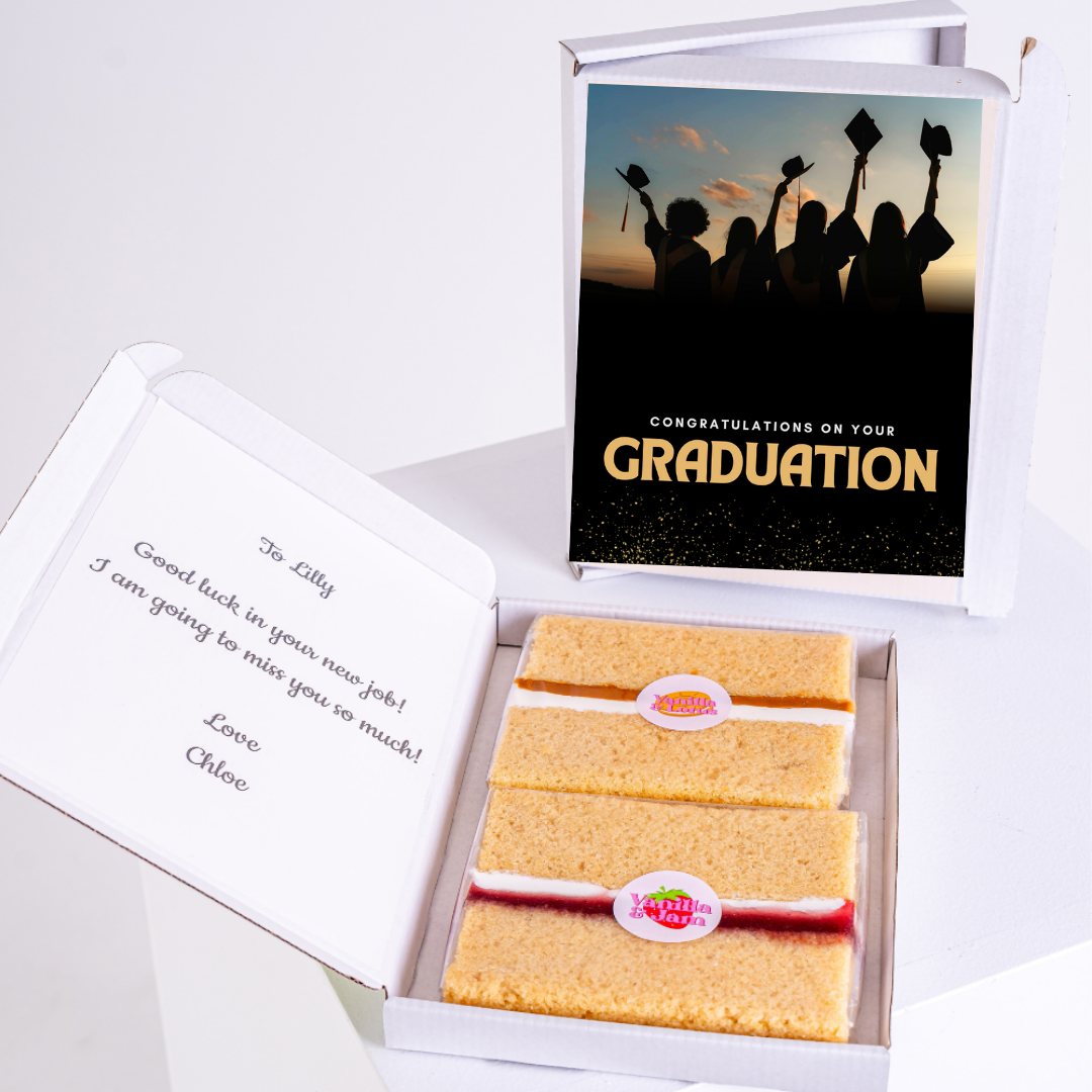 Graduation cake gift box with personalized message.
