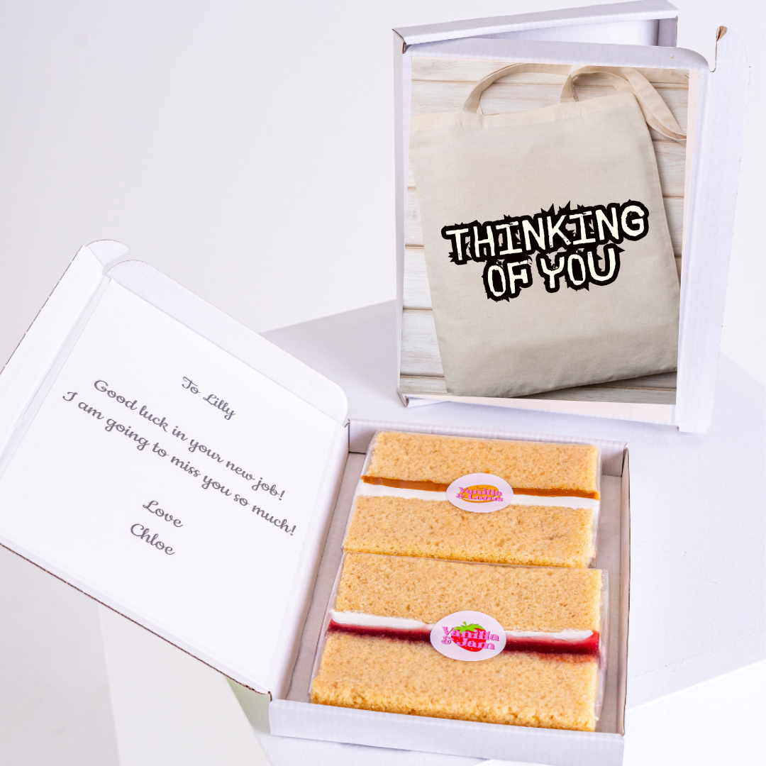 Thinking of You gift box with cake and tote bag for Lilly.