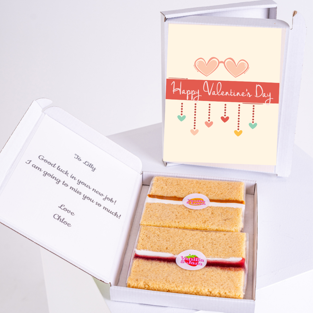 Valentine's Day gift box with cake and card for Lilly