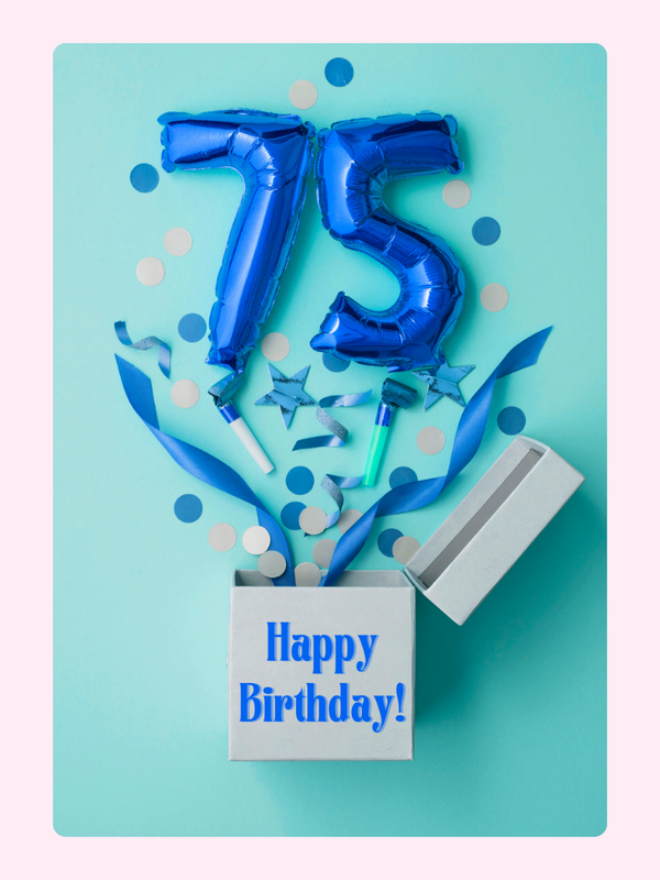 75th birthday cake card with blue balloon number design and confetti celebration theme
