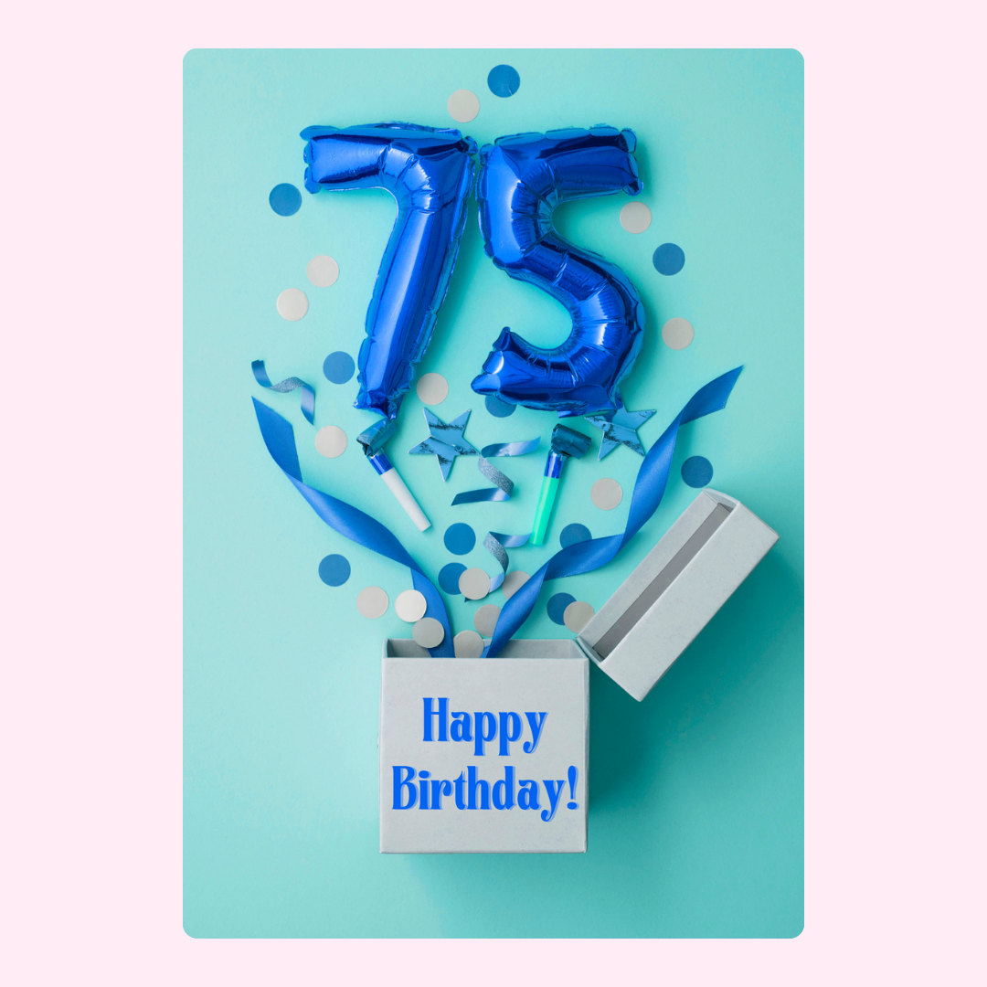 75th birthday cake card with blue balloon number design and confetti celebration theme