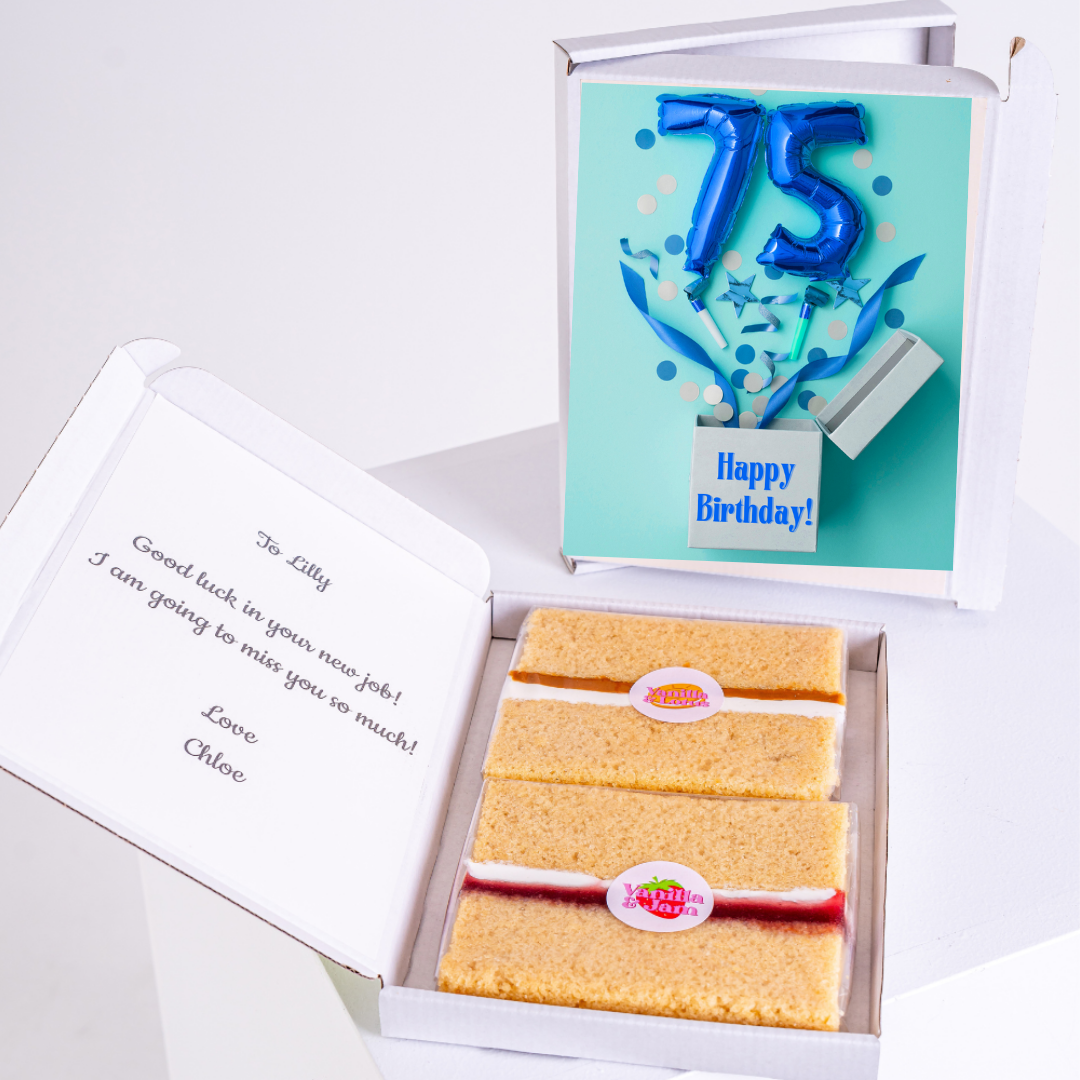 75th birthday cake card gift box with sponge cake slices and blue balloon celebration design