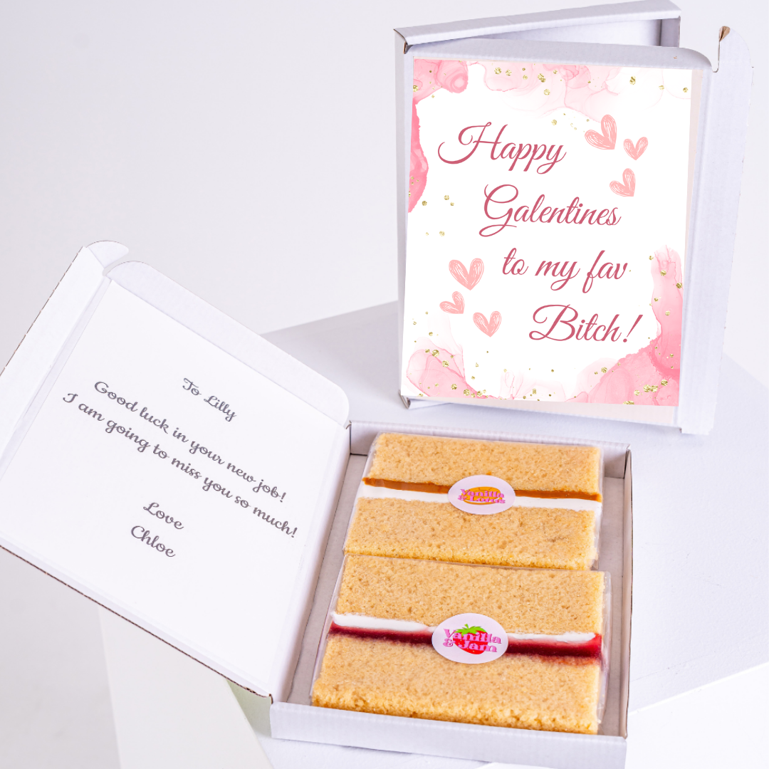 Galentine's cake gift box with card saying Happy Galentines