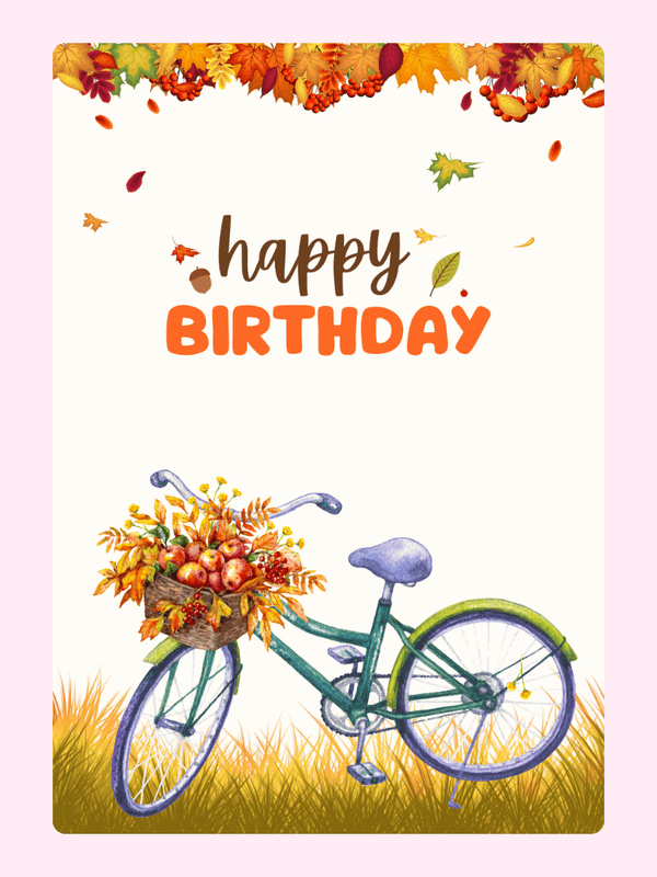 Happy Birthday card with fall bike and leaves