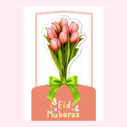 Eid Mubarak card with pink tulips and green ribbon