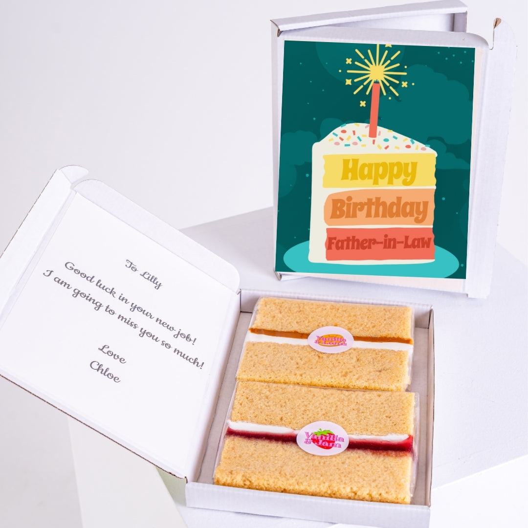 Letterbox cake gift with birthday message for father-in-law.