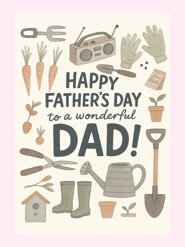Father's Day card with garden tools and message to Dad.