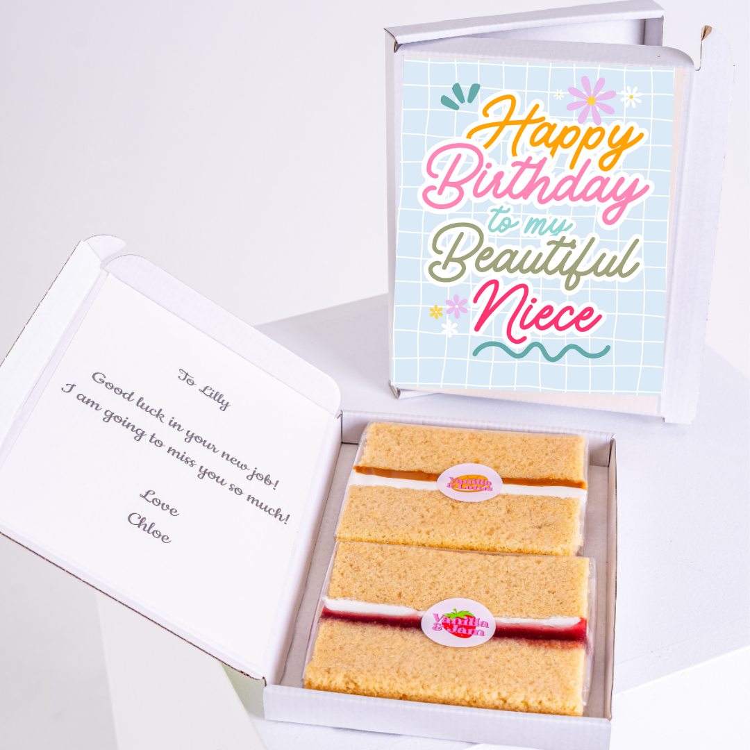 Letterbox birthday treat with colourful niece design and cake slices