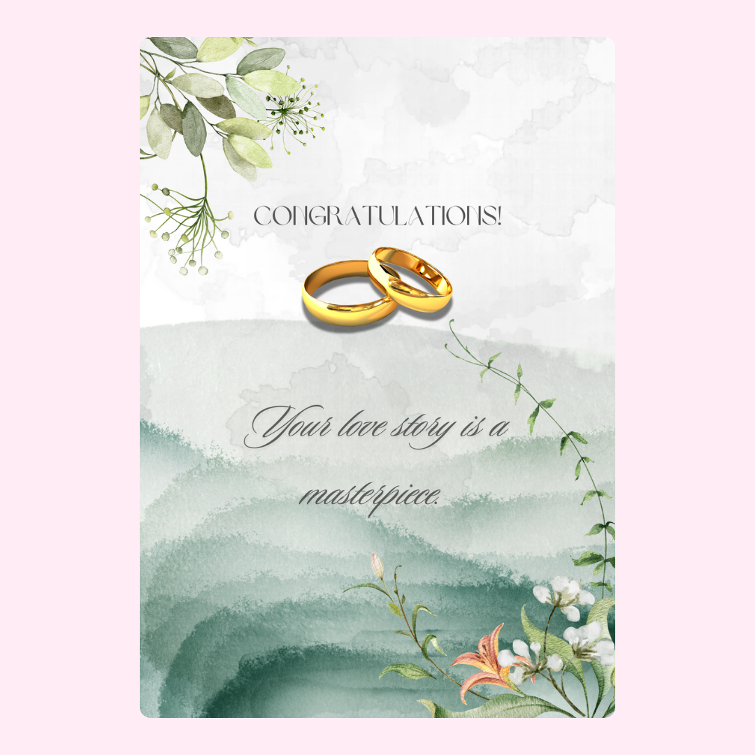 Wedding card with gold rings, congratulations, and floral design.