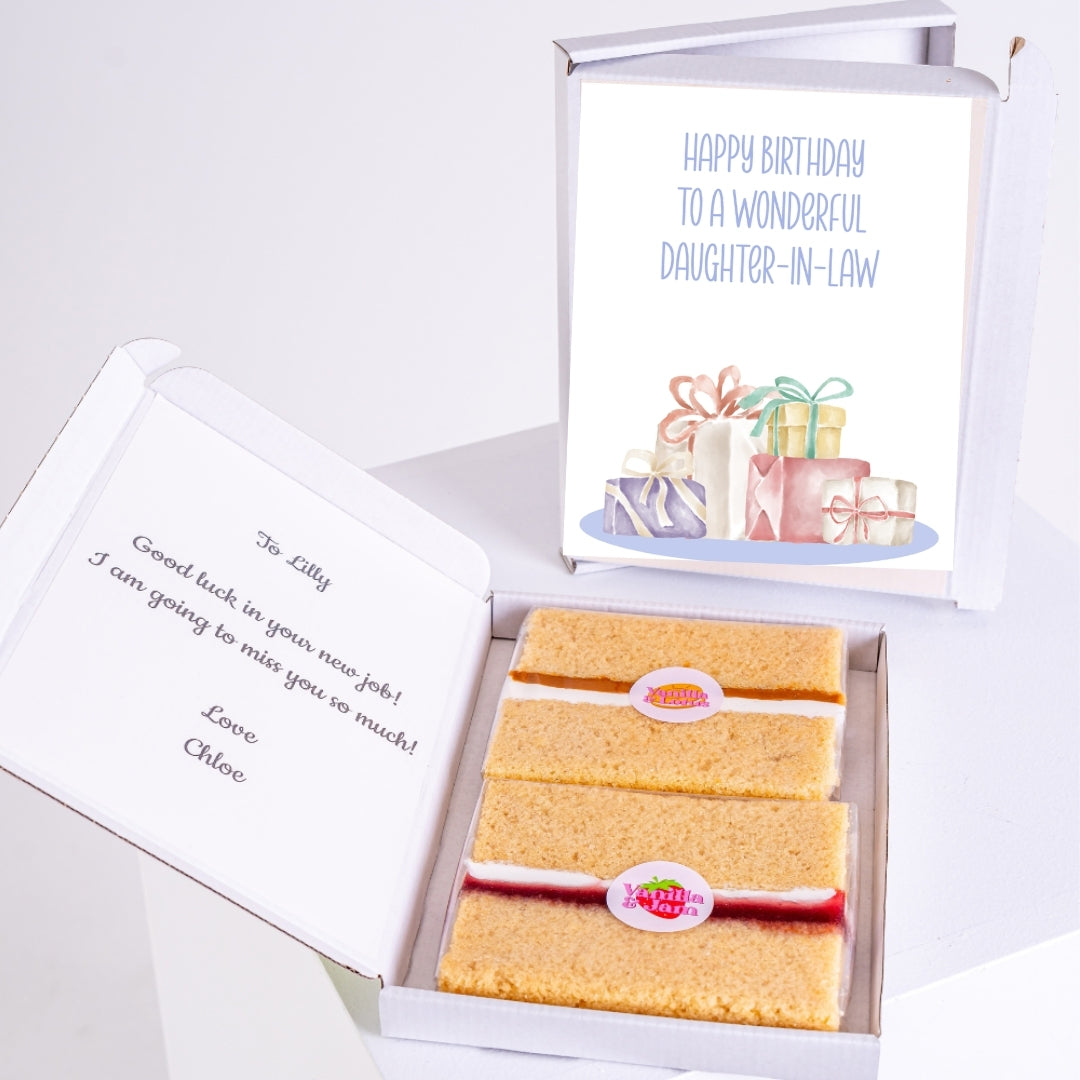 Letterbox cake gift with birthday message for daughter-in-law.