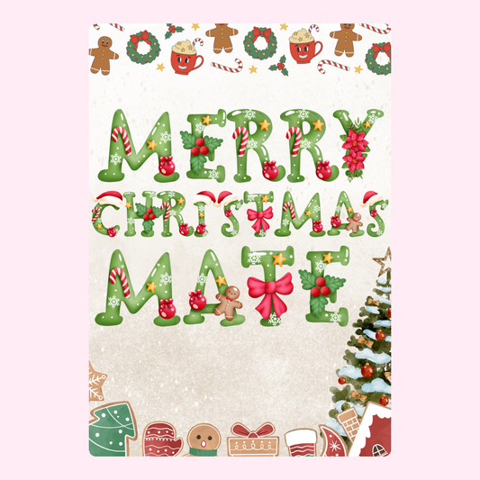 Merry Christmas Mate card with festive decorations