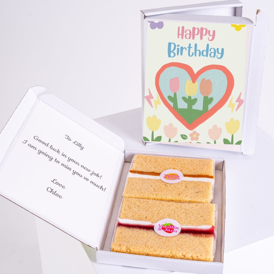 Letterbox cake with heart tulip birthday design