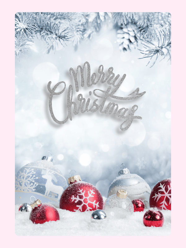 Merry Christmas card with ornaments and snow.