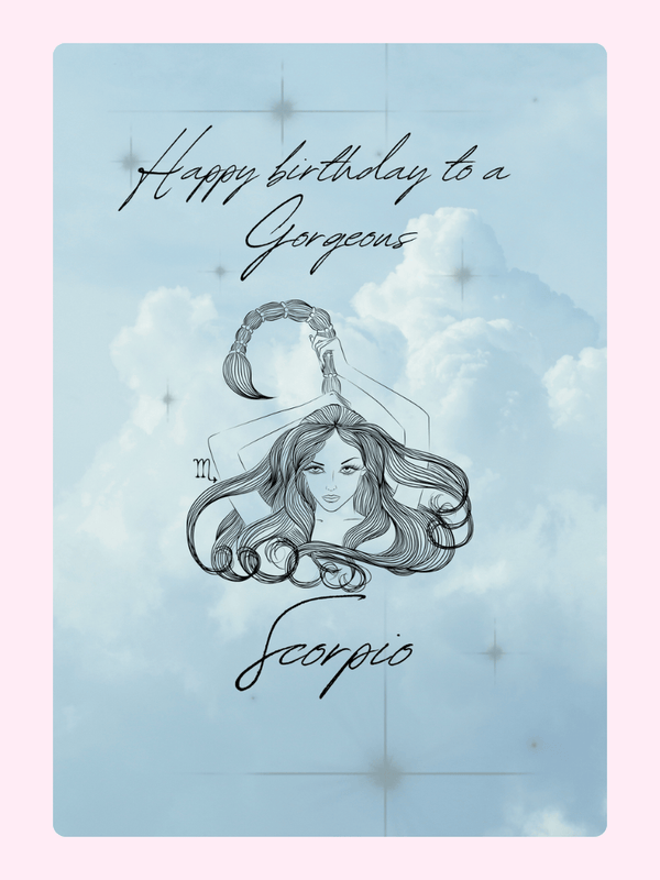 Scorpio birthday card with clouds, text and illustration.