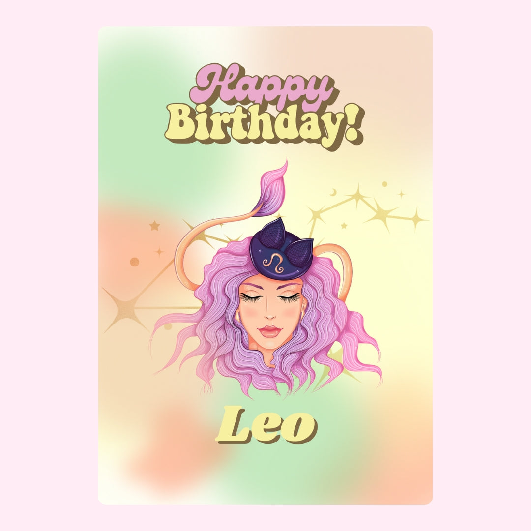 Pastel Leo birthday design with pink-haired woman and golden stars