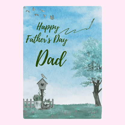 Father's Day card for Dad with birds, tree, and birdhouse.