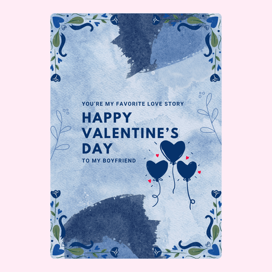 Happy Valentine's Day card to boyfriend with blue watercolor design.