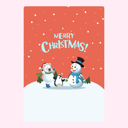 Christmas card with polar bear, penguin, snowman
