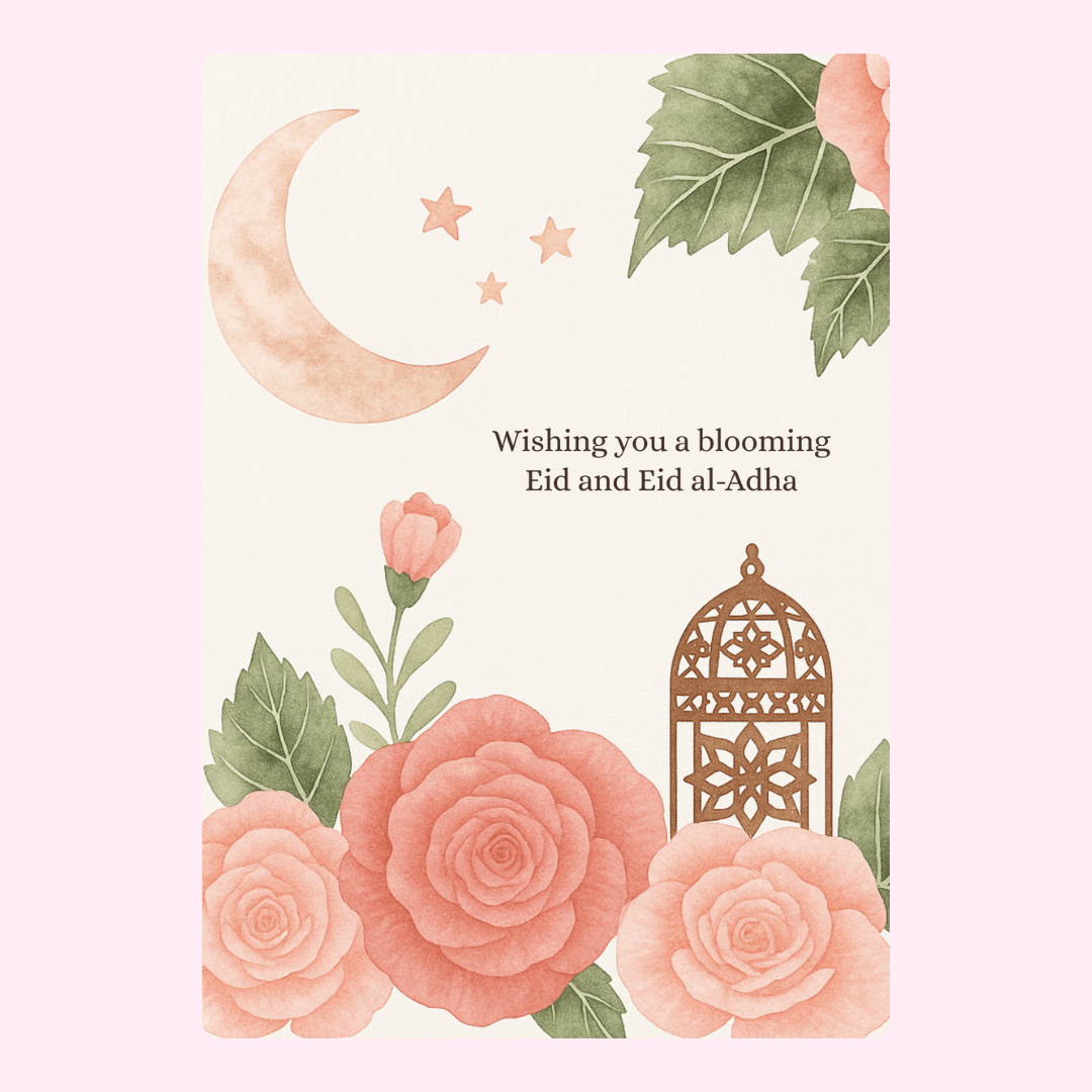 Eid Mubarak card with floral and moon design
