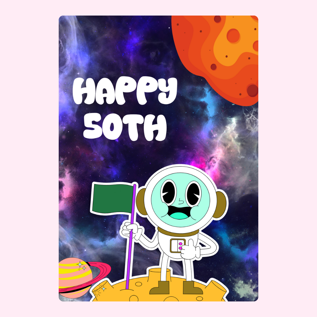 50th birthday space card with astronaut and planets