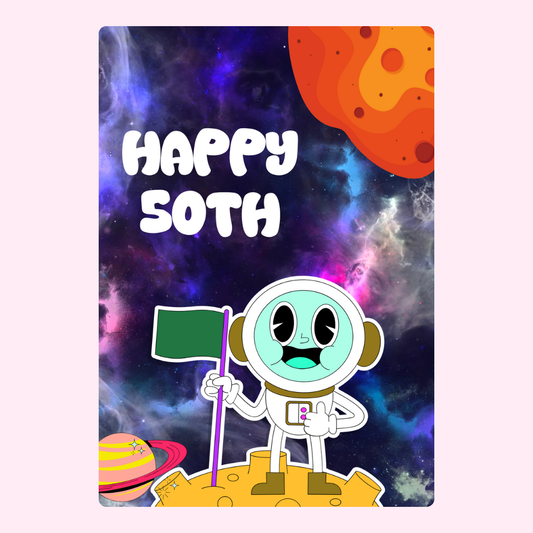 50th birthday space card with astronaut and planets