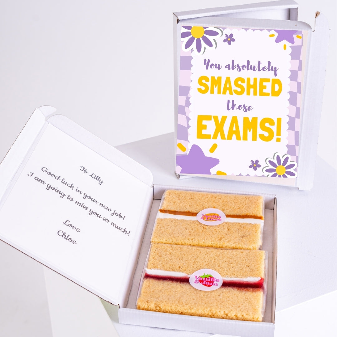 Vanilla slices with personalised message inside exam celebration letterbox gift.