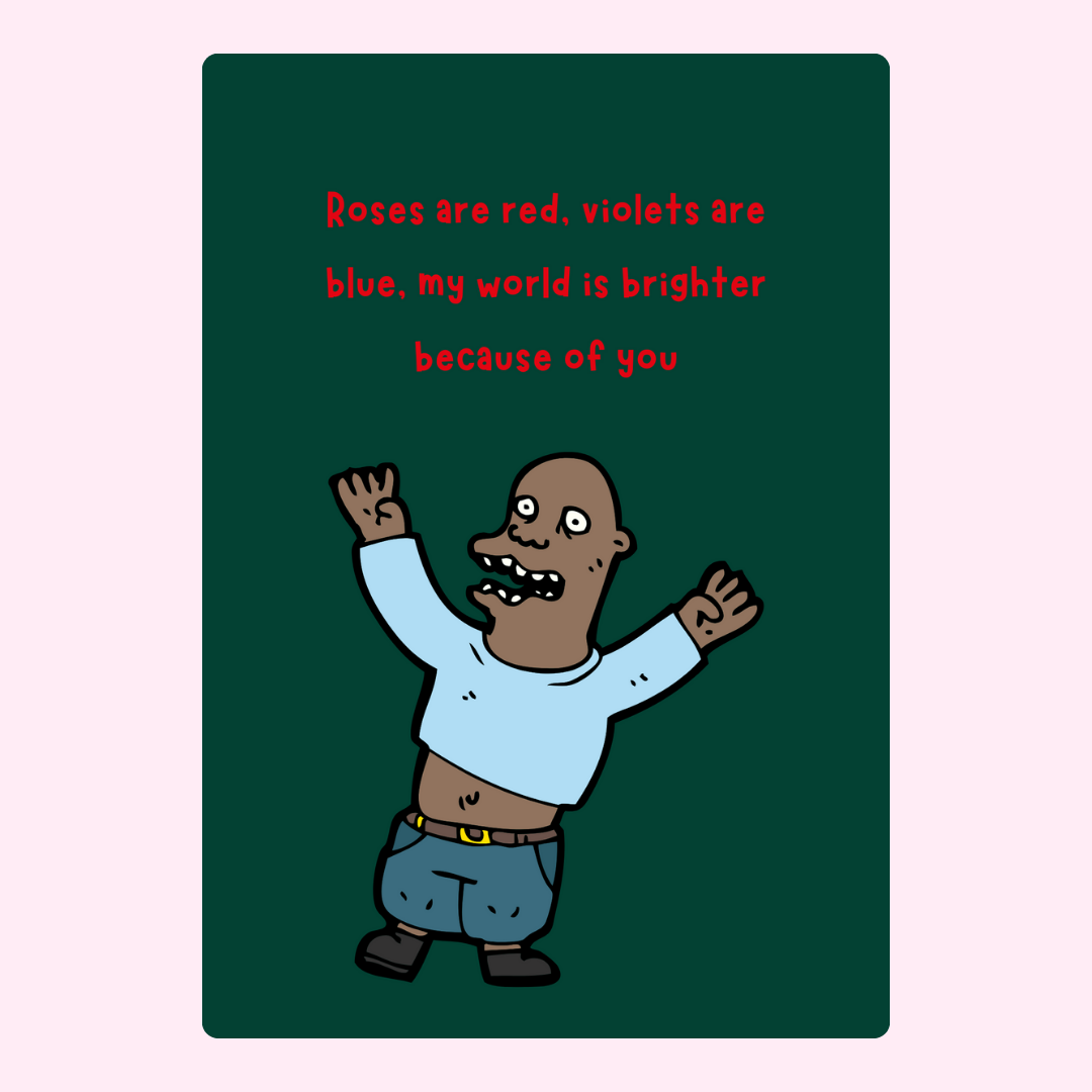 Funny card with Roses are red poem, featuring cartoon man.