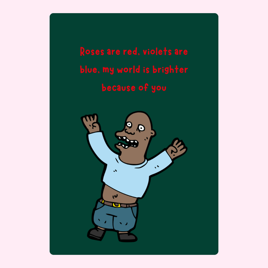 Funny card with Roses are red poem, featuring cartoon man.