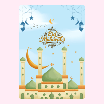 Eid Mubarak greeting card with mosque and crescent moon