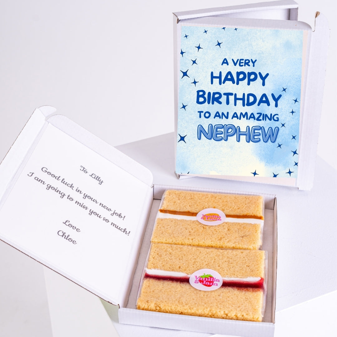 Letterbox cake gift with nephew birthday message.