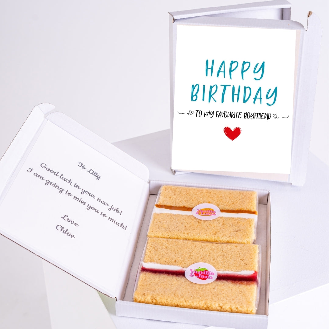 Birthday gift box with message and cake slices