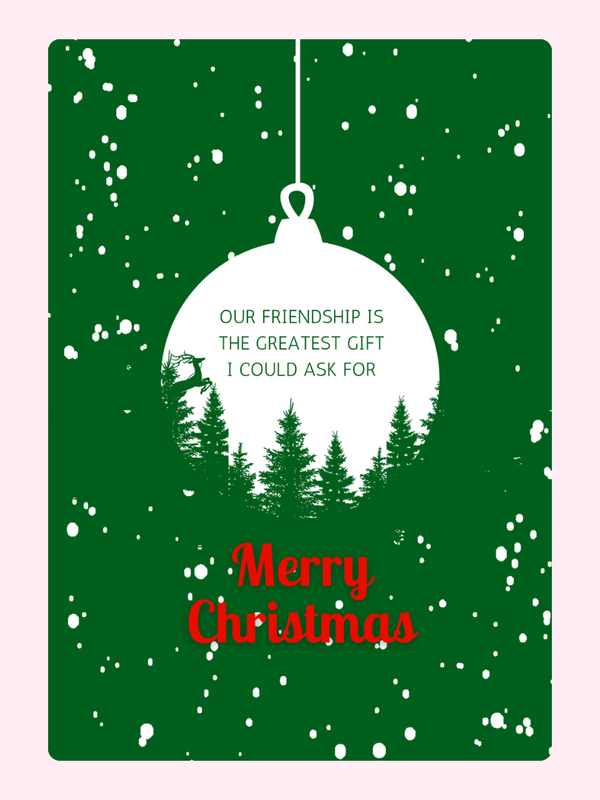Christmas card with ornament and trees.