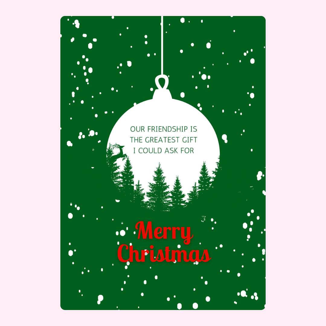 Christmas card with ornament and trees.