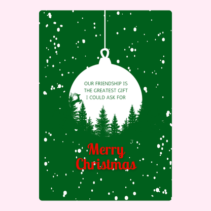 Christmas card with ornament and trees.