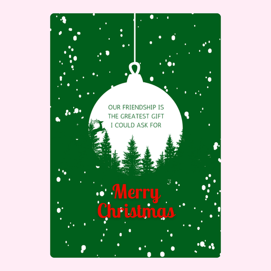 Christmas card with ornament and trees.