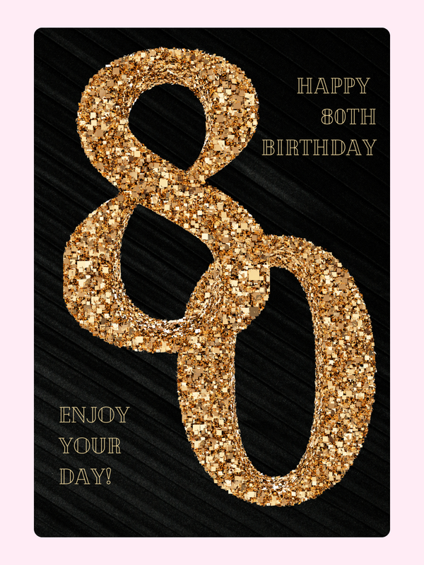 80th birthday cake card with black and gold glitter design for elegant letterbox cake gift UK