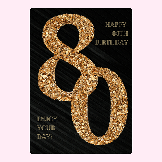 80th birthday cake card with black and gold glitter design for elegant letterbox cake gift UK