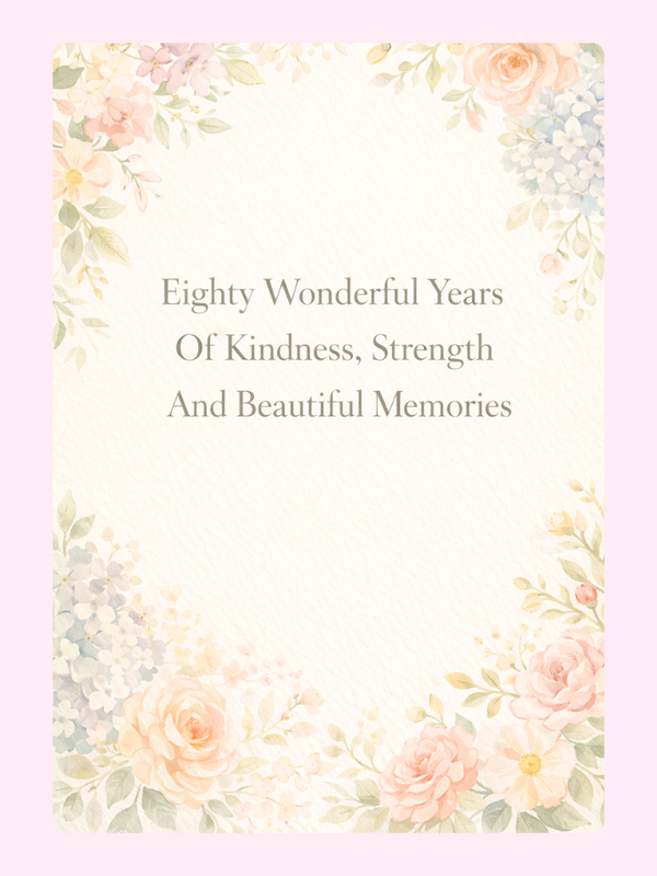 floral 80th birthday cake card design with soft pastel flowers
