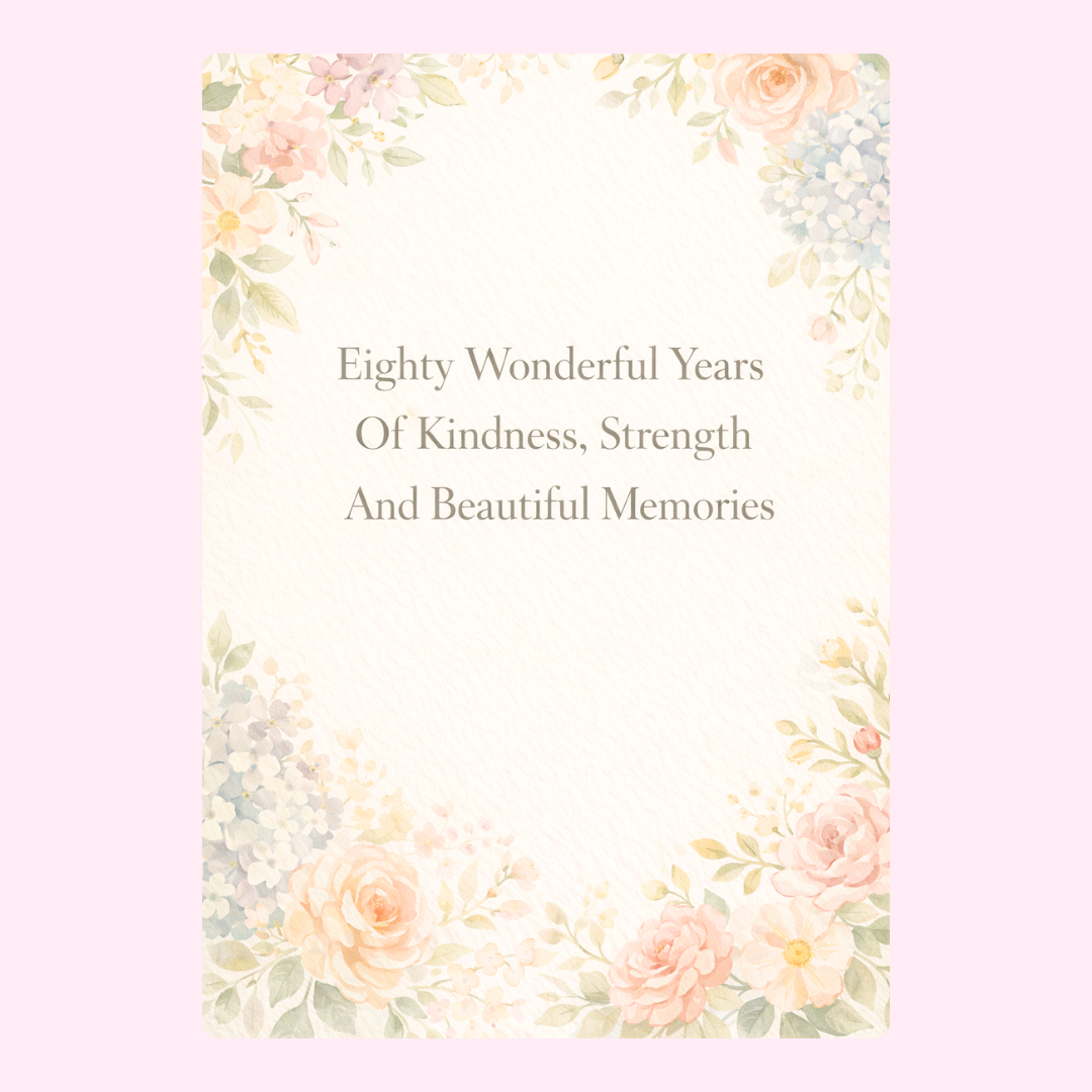 floral 80th birthday cake card design with soft pastel flowers