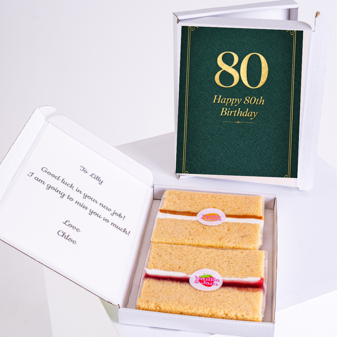 80th birthday cake card gift box with sponge slices and green design