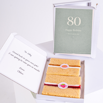 80th birthday cake card gift box with sponge slices and modern green design