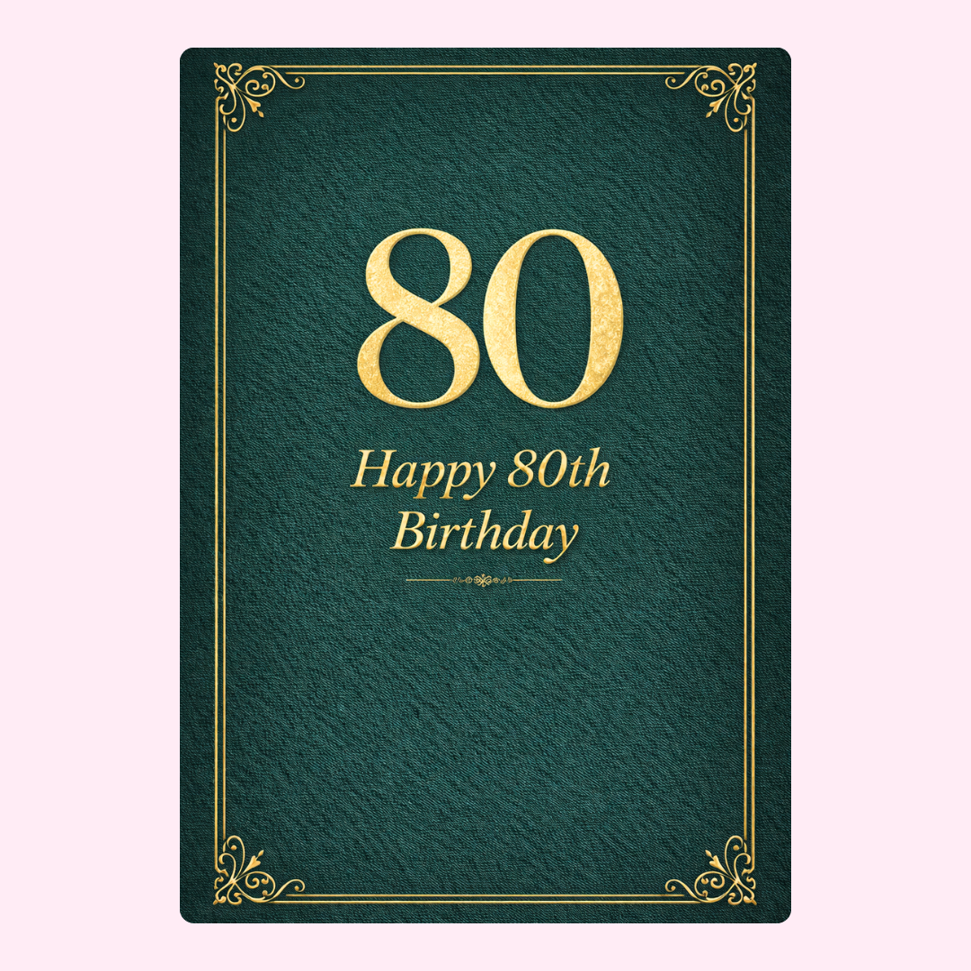 elegant 80th birthday cake card design with gold text on green background