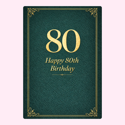 elegant 80th birthday cake card design with gold text on green background
